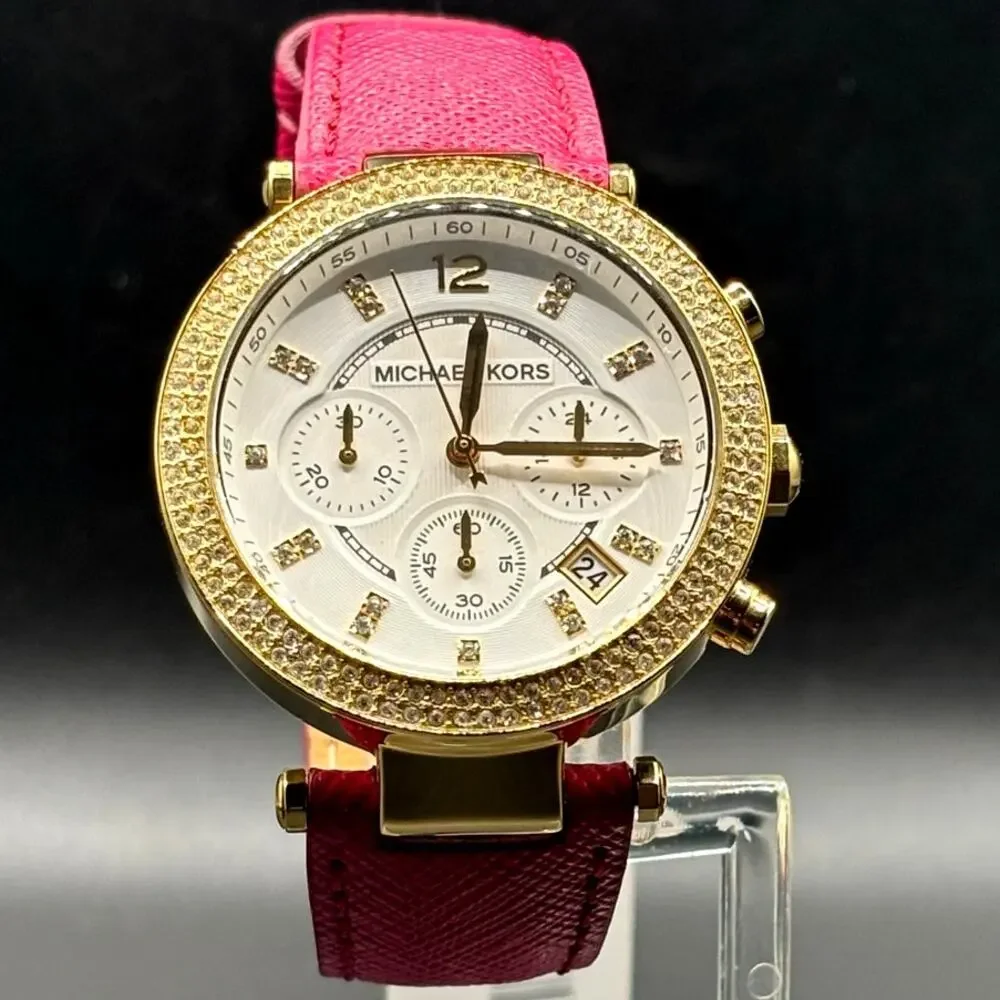 Michael Kors Parker MK2297 Crystal Chronograph Pink Leather Watch NWT